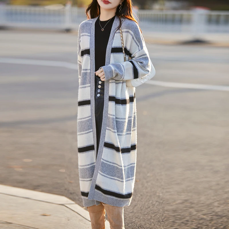 

Fall/Winter 2025 100% Pure Wool Cardigan Jacket Women's Loose Sweater With Striped Blouse Over The Knee