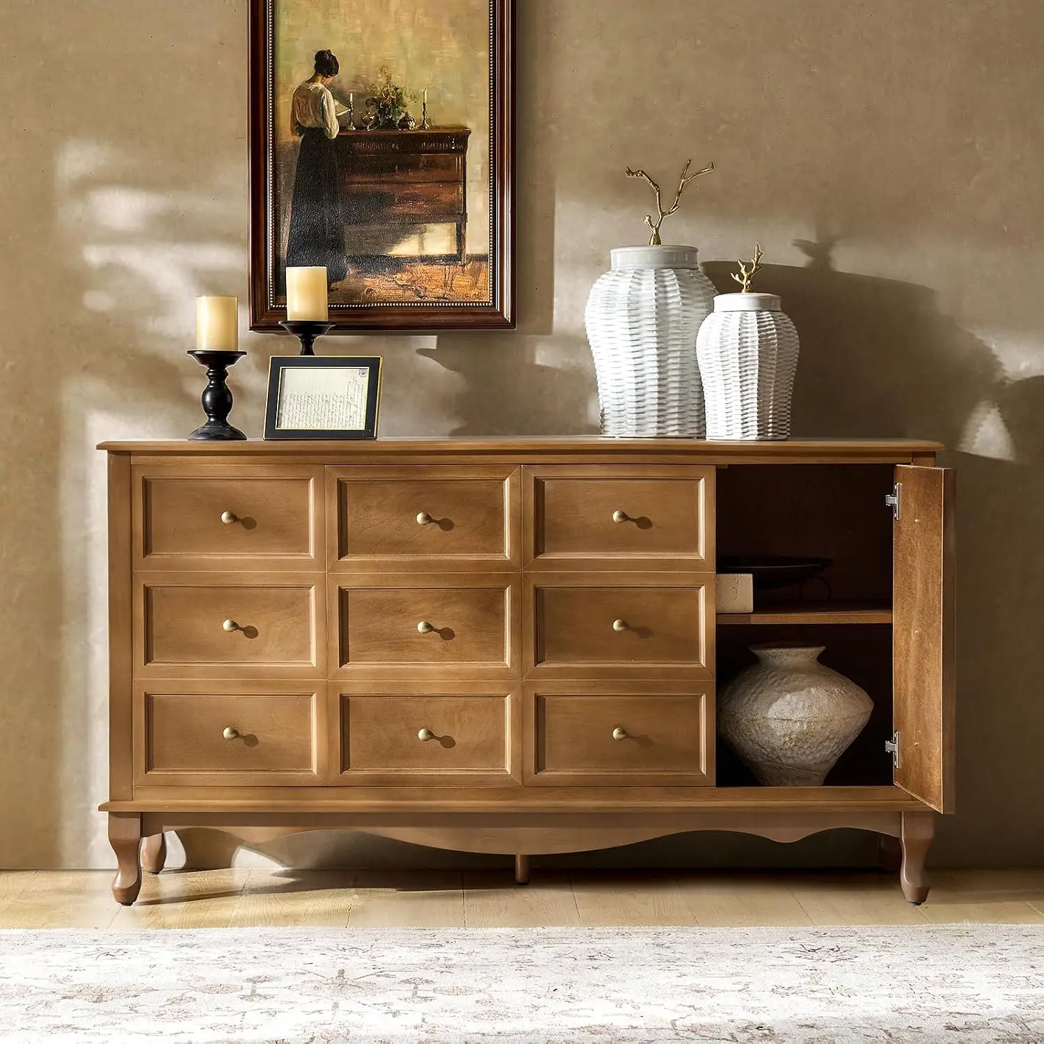 Transitional Solid Wood Sideboard with Adjustable Shelves, 58" Spacious Storage Sideboard, Versatile Kitchen Buffet Cabinet
