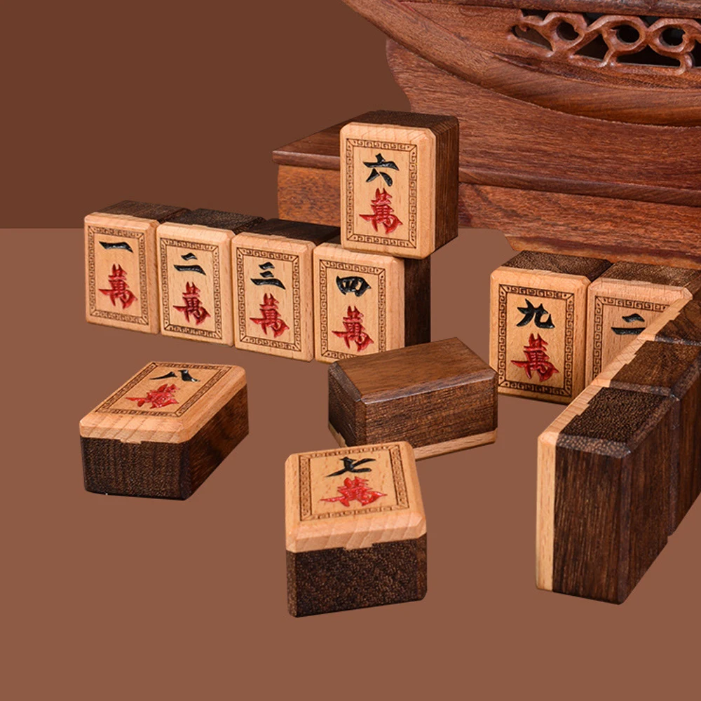 Black Walnut Beech Mahjong Tiles 144-Piece Set Wooden Carving with Mat 37x28x21mm Digital/Lase Printed Logo Packaging Included