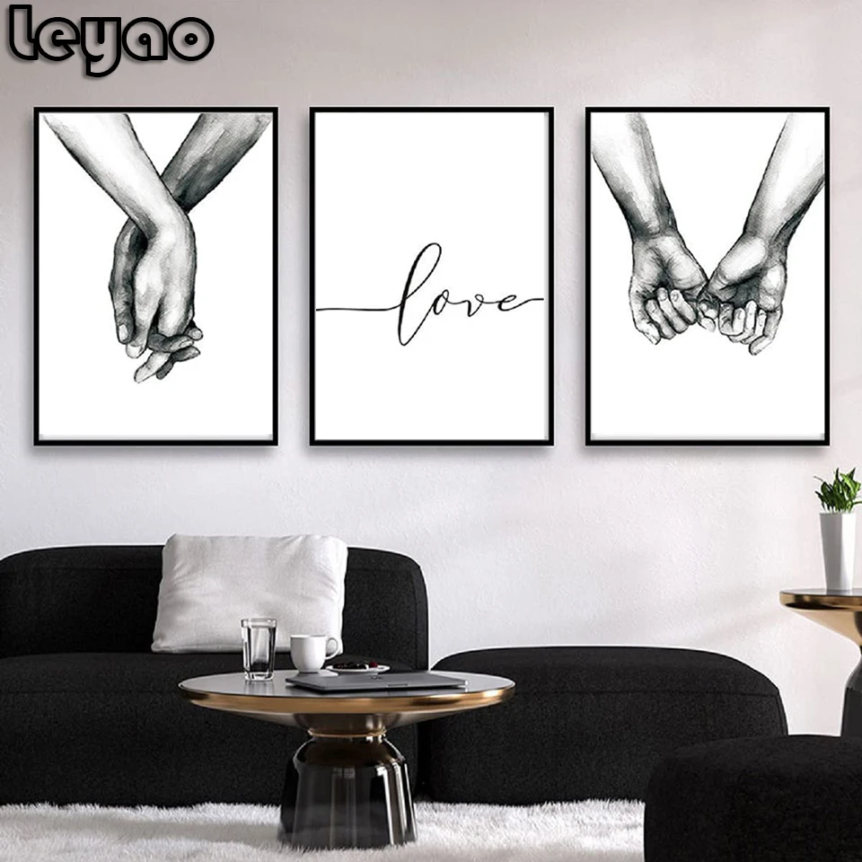 3 pieces Black and White Canvas Line Art Diy 5d Diamond Painting Love Hand in Hand Love Sketch Art Line Triptych Mosaic Painting