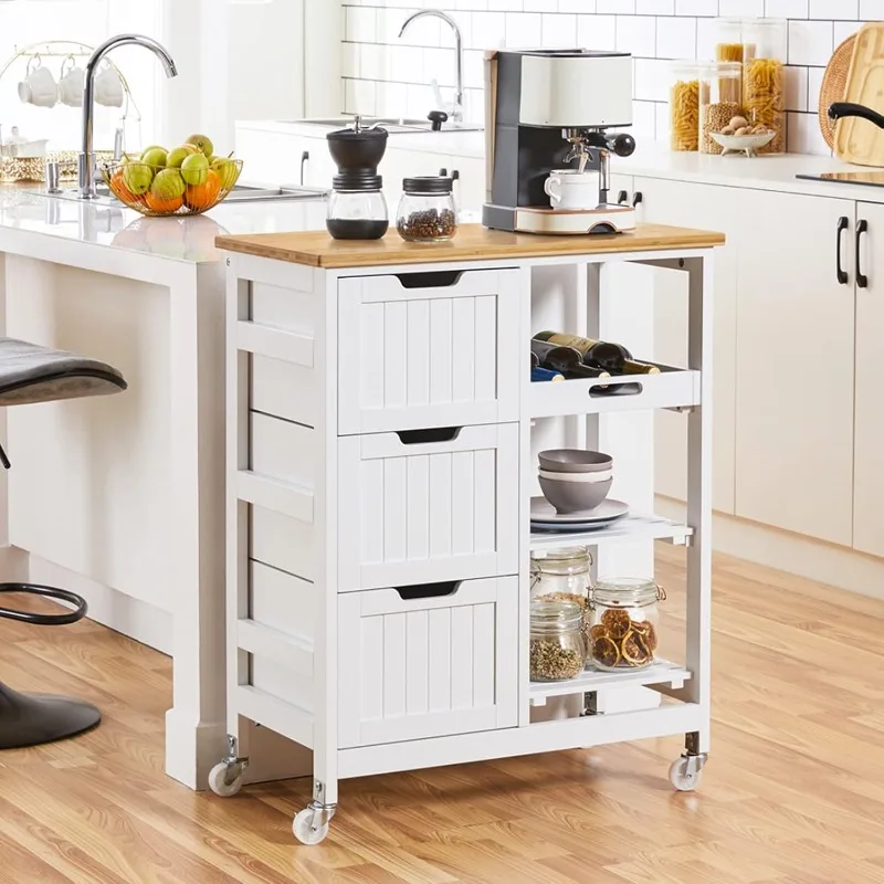 

Kitchen Island Cart on Wheels with Bamboo Countertop, Rolling Serving Utility Trolley Cart with 3 Drawers