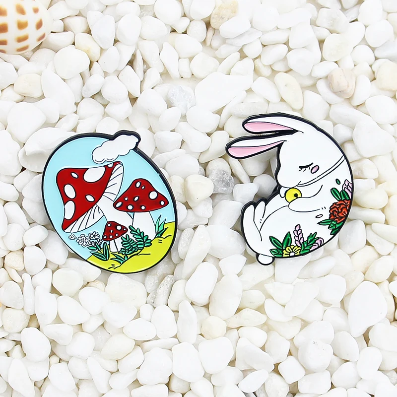 Cartoon Animal Brooches Plant flowers Red Fox Rabbit Mushroom Enamel Pins Bag Clothes Lapel Lovely Badge Jewelry Gift for Kids