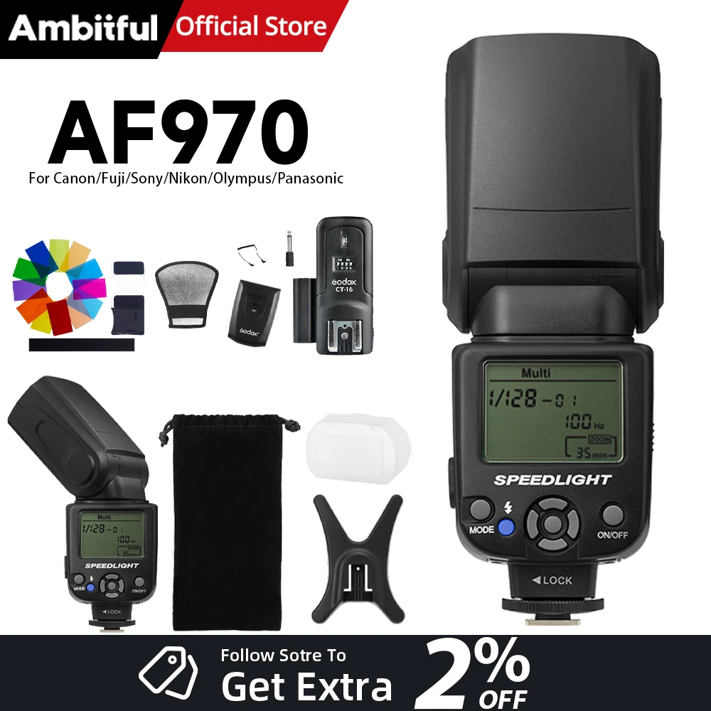 

Вспышка для камеры AMBITFUL AF970 с триггером GODOX CT16, вращающейся головкой и встроенной беспроводной системой 2.4G X для C/N/S/F/O/P