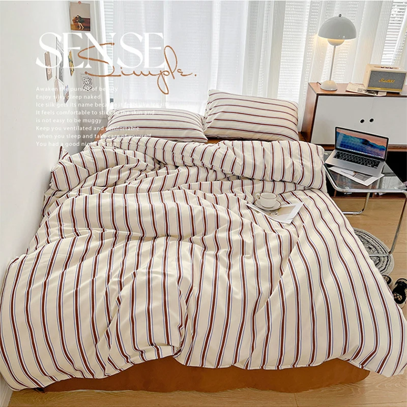 

Quality Korean Bedding Sets Modern Simple Streaks Queen Duvet Cover Sheets Pillowcase Home Stitch Plaid Single Double Bedding 이불