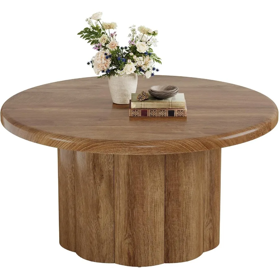 31.5 Round Coffee Table for Living Room, Farmhouse Circle Center Cocktail Table with Fluted Drum Base, Wooden Living Room Furni