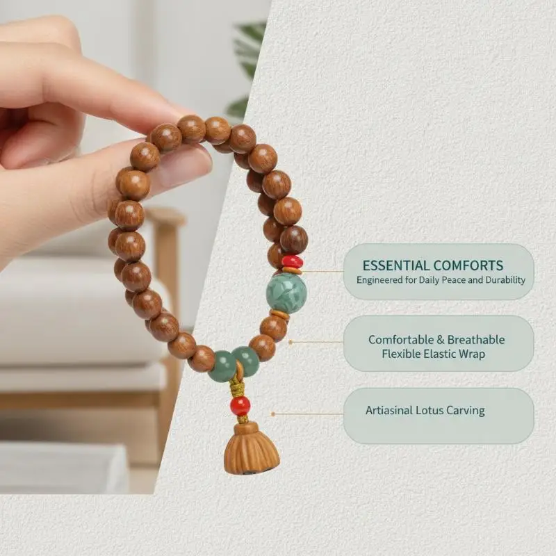 Natural Wood Bead Bracelet Carved Lotus Jade Pendant Unisex Jewelry for Yoga Meditation Holiday Gift Daily Use