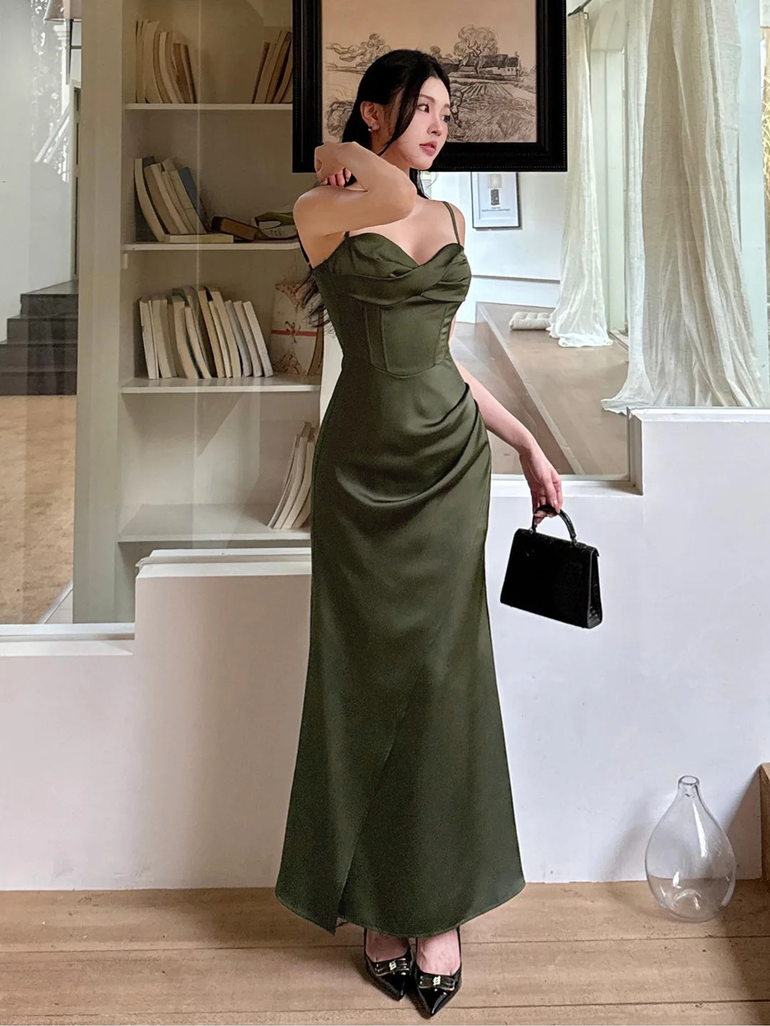 Frauen Sexy Spaghetti Strap Grün Abend Party Prom Club Neue Elegante Backless Split Satin Langes Kleid Paket Hüfte Meerjungfrau Rock