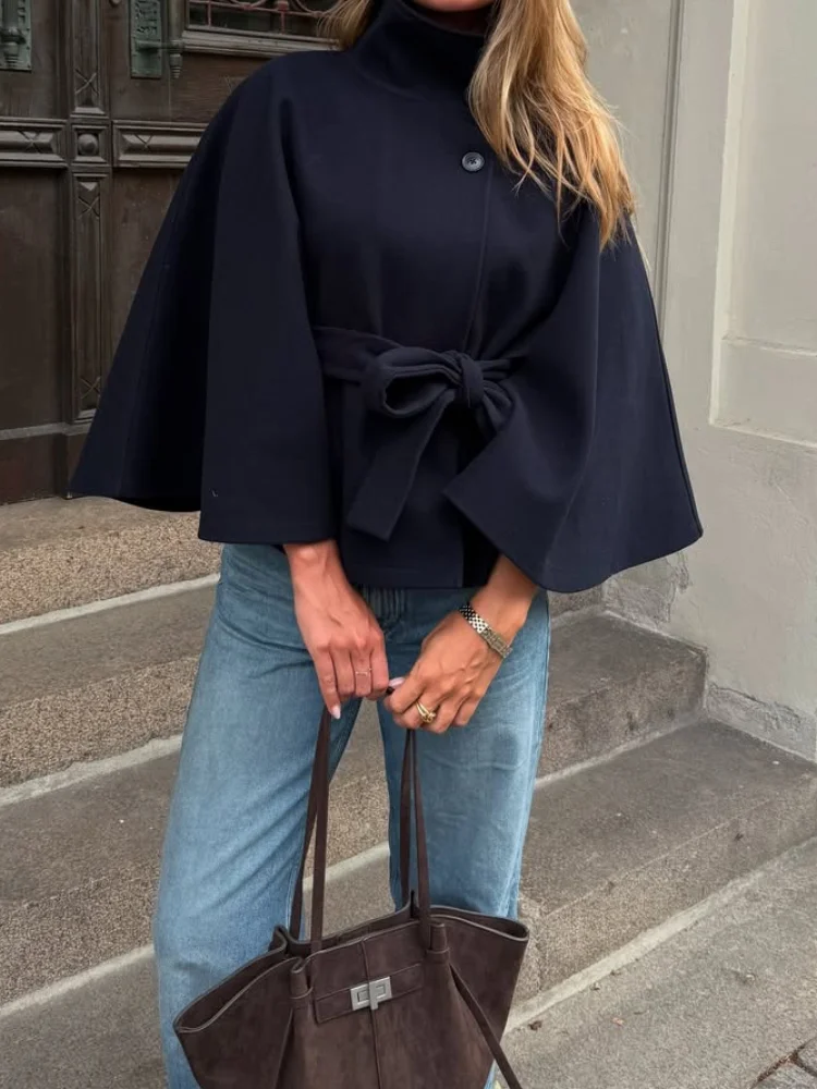 Fashion Women's Lace Up Woolen Cape Coat Loose Stand Collar Batwing Sleeve Button Black Gray Jacket 2025 Autumn Streetwear