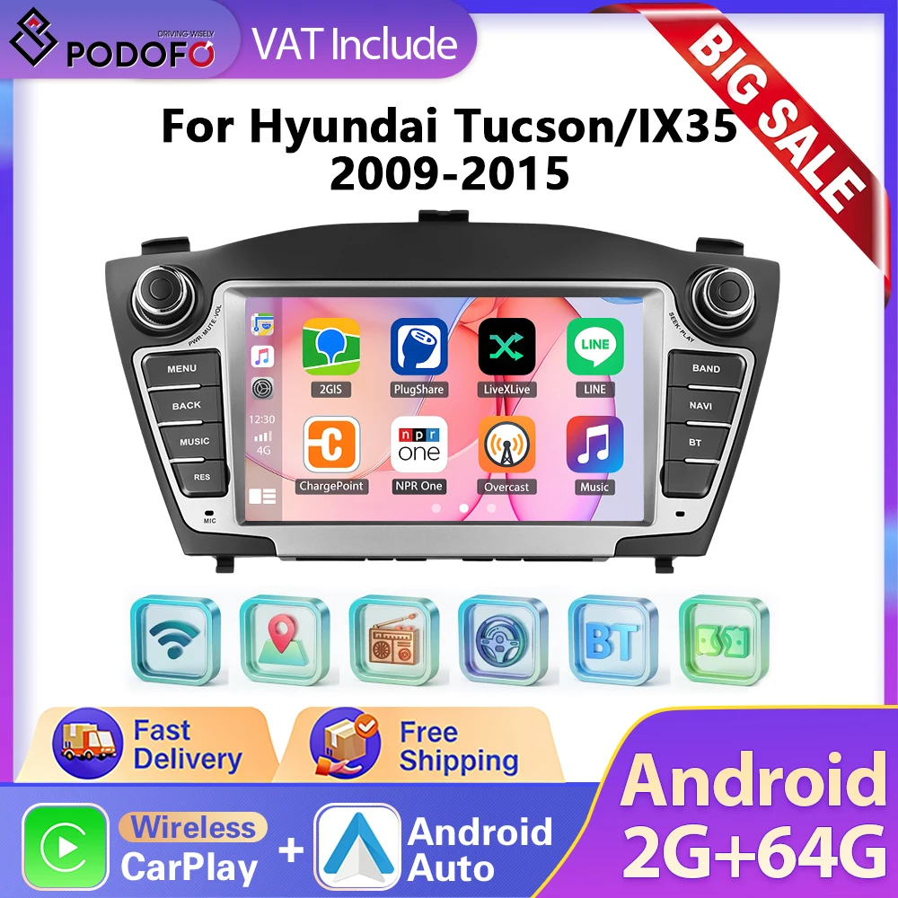 Autoradio Podofo 2+64G 7'' pour Hyundai Tucson/IX35 2009-2015, lecteur multimédia, Carplay sans fil, Android Auto, GPS, Wifi, FM