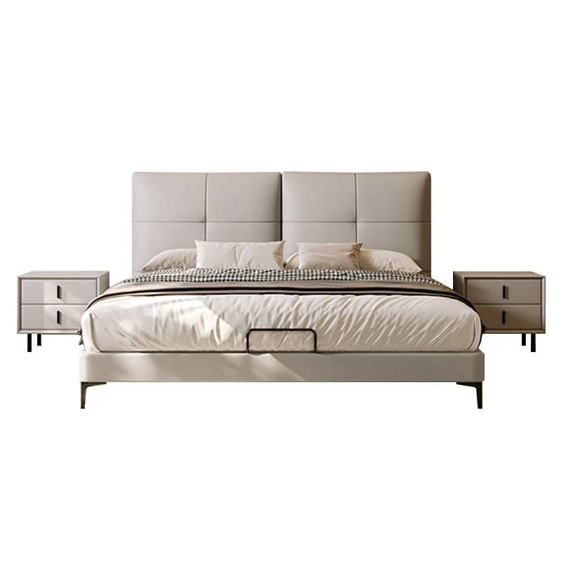 

Italian minimalist leather bed, double bed, modern minimalist master bedroom bed, household soft bag high foot flush edge lea