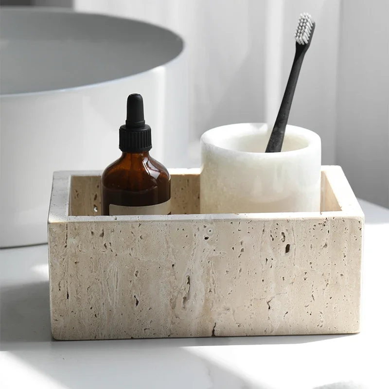 Simple natural travertine storage box ornament home desktop with lid storage box dressing table jewelry cosmetics decoration