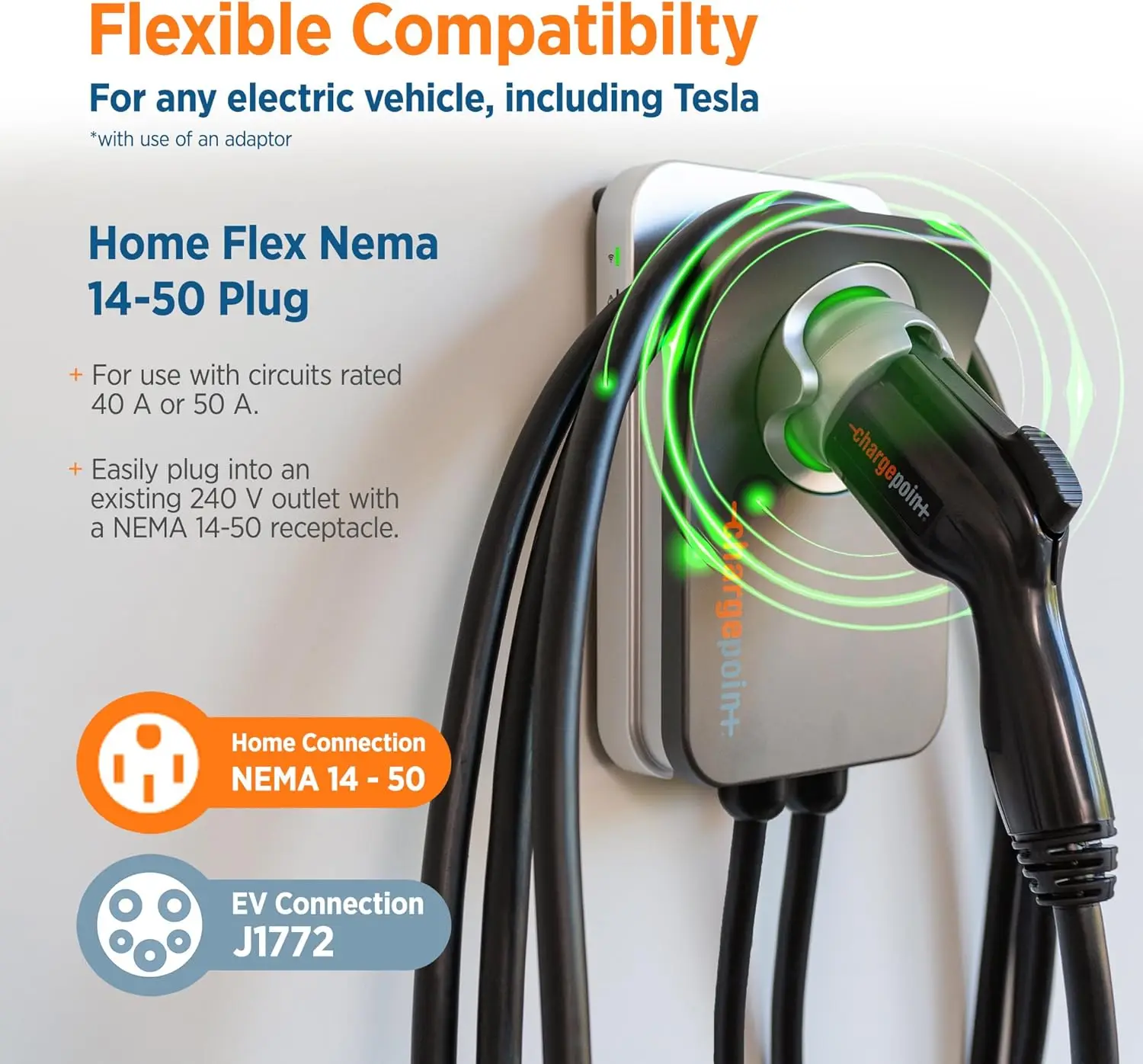 J1772ชาร์จระดับ2 EV บ้าน Flex 14-50เครื่องชาร์จไฟรถยนต์