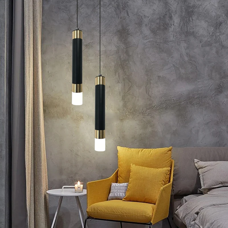 

Nordic Long Tube LED Pendant Lamp Hanging Kitchen Lights Black Golden Home Stair Dining Room Bedroom Bedside Light Light Fixture