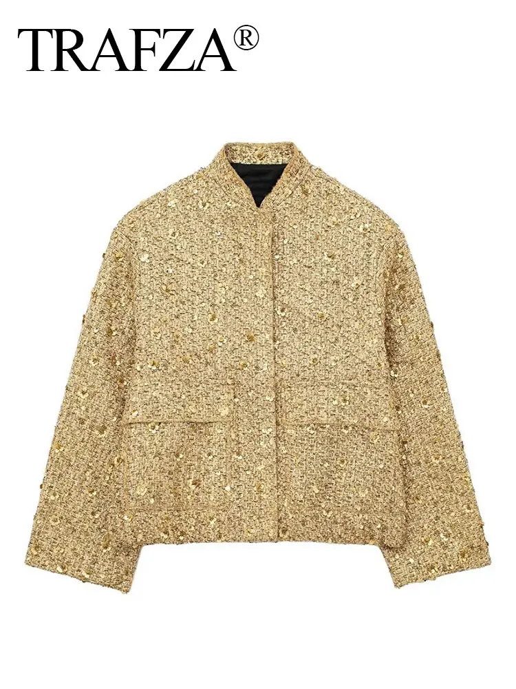 TRAFZA Gold Jacket For Women Fashion Vintage Sequin Coat Stand Collar Long Sleeve Jackets Autumn Female Elegant High Street Wear