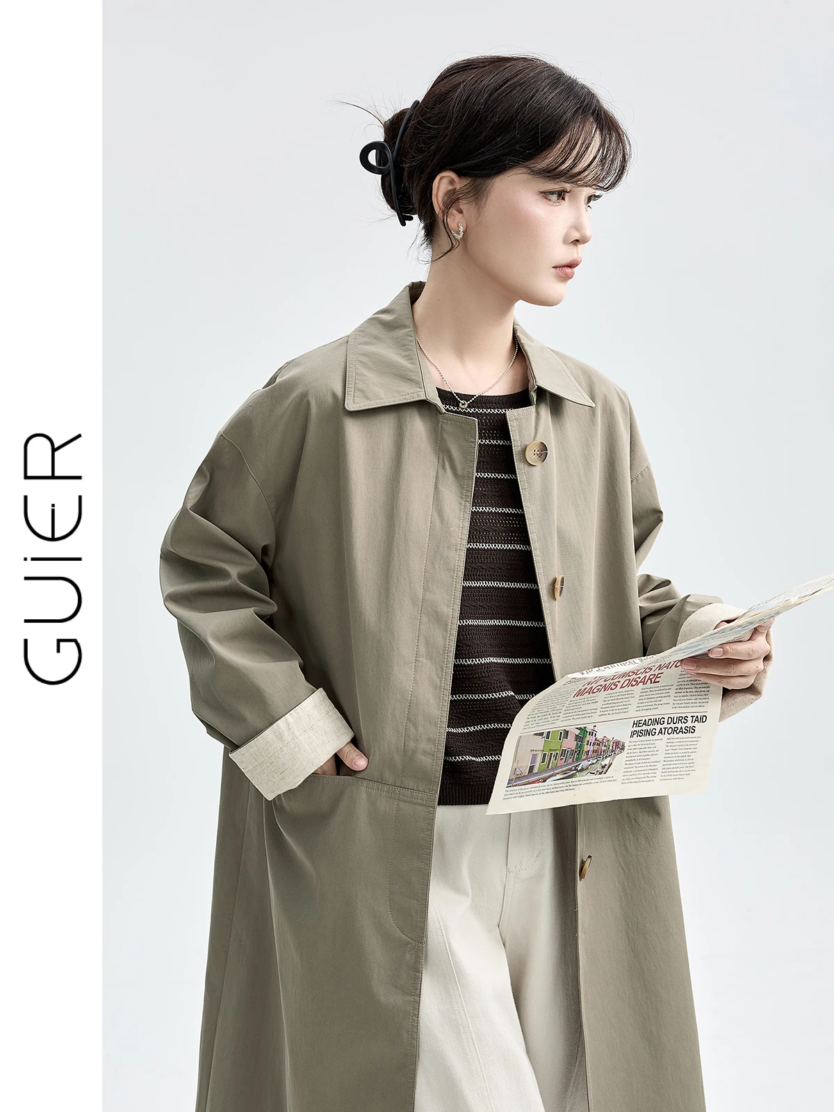 

Guier Women's Loose Coat Autumn 2025 New Splice Sve Cuff Turn-down Collar Ele Middlength Windbreaker Commute Sle