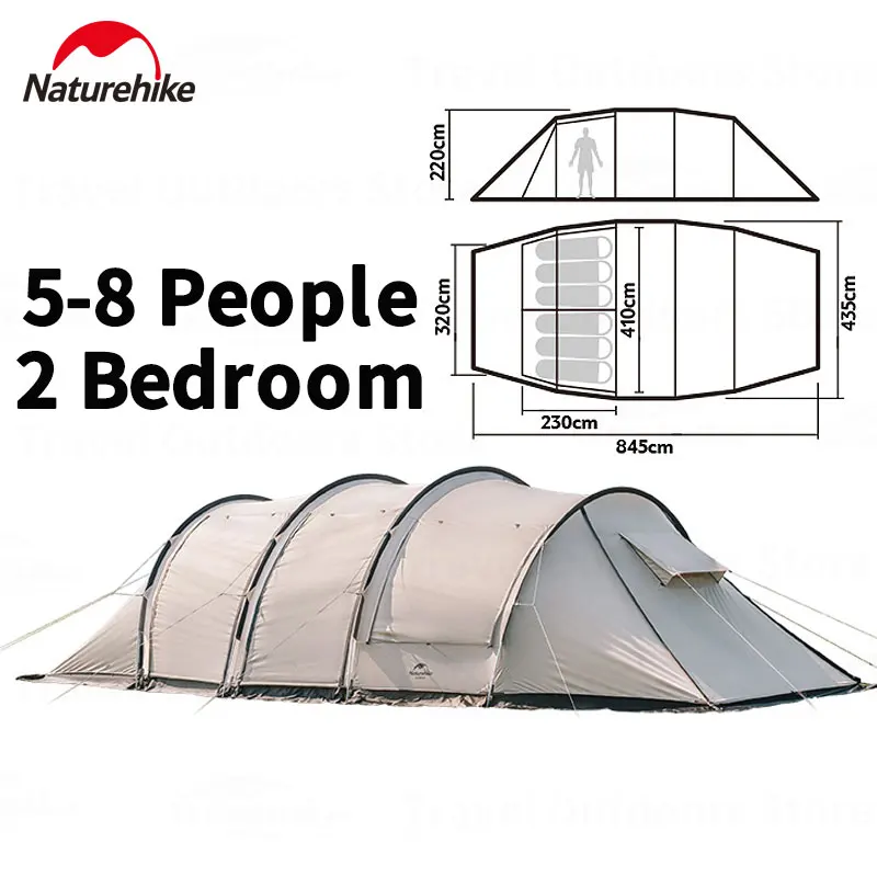 

Naturehike Outdoor Tunnel Tent 5-8 People Camping Tent Waterproof Garden Tent 150D PU3000mm 2 Bedroom With Snow Skirt Included