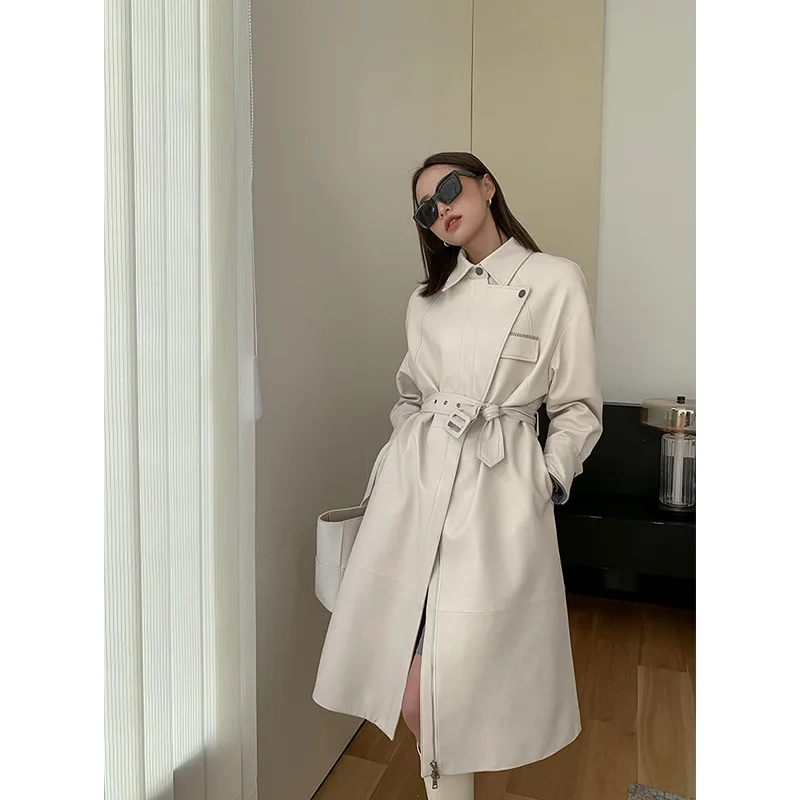 Veste Longue Femme Women's Genuine Leather Coat Trench Belt Zipper Stylish Feminina Sheepskin Black/Milk White Waist Slim Casaco