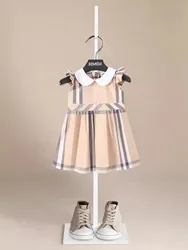 Summer Sleeveless Teen Girls Beige Pleated Vintage Check Cotton Dress Designer Dress Princess Kids Party Vestido Dresses 1-6y