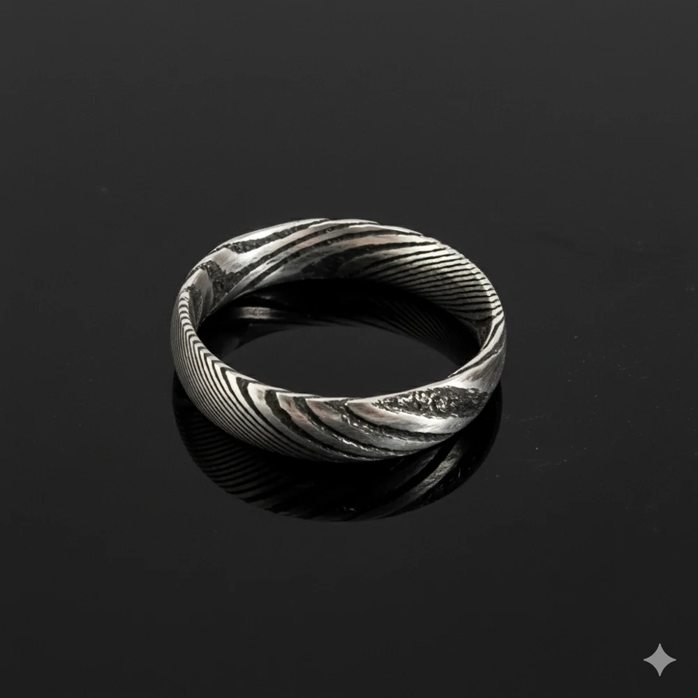 Brutalistischer Damaststahlring für Männer, minimalistisches Design, AAA+, Zirkonia, Ehering, einzigartige Herrenschmuck-Accessoires, 2025 – Detail 5