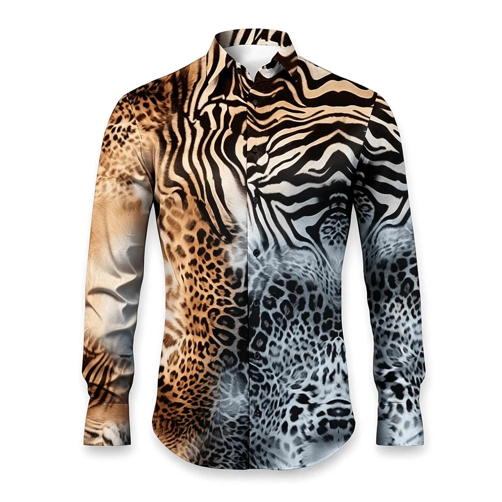 

Men's Mixed Animal Print Long Sleeve Shirt, Leopard and Zebra Stripe Patchwork Design, Wild Button Down for Spring & Summer