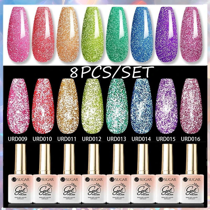 Ur sugar 8 pçs glitter reflexivo fluorescente gel unha polonês conjunto efeito flash cor néon embeber fora uv gel nail art vernishkit