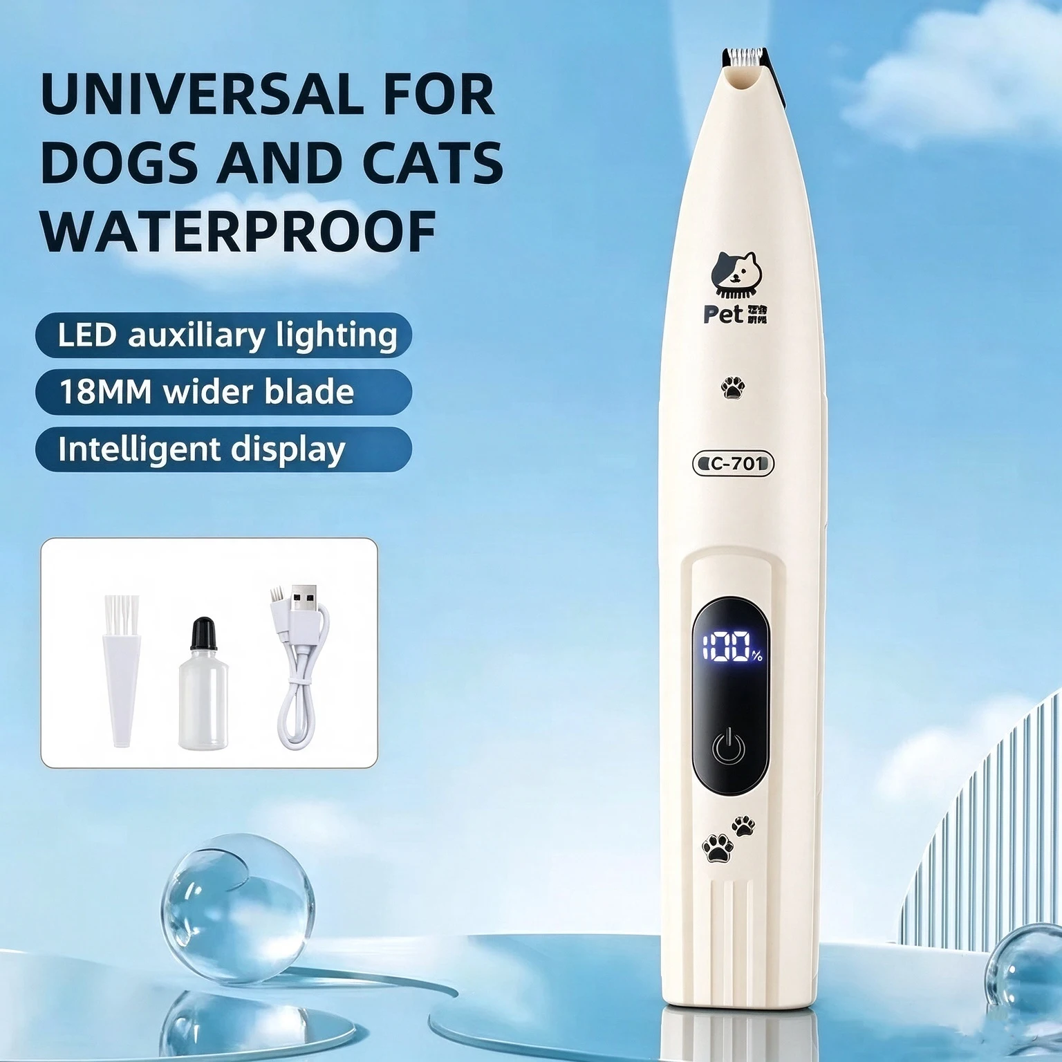 Pet Dog Electric Groomer Trimmer with LED Light Waterproof Pet Foot Hair Trimmer Low Noise Cat Dog Face Foot Ear Hip Paw Shaver