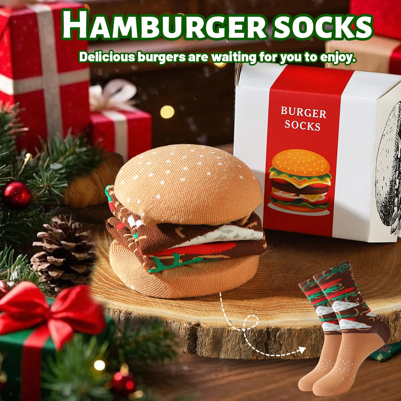 1 par de calcetines a media pantorrilla para hombres y mujeres, novedosos y divertidos calcetines coloridos con caja de regalo de hamburguesa grande, estilo moderno de moda europea y americana, cómodos y transpirables, regalo novedoso informal para fiestas, San Valentín, Navidad, Papá Noel, estilo de otoño e invierno, calcetines para todas las estaciones