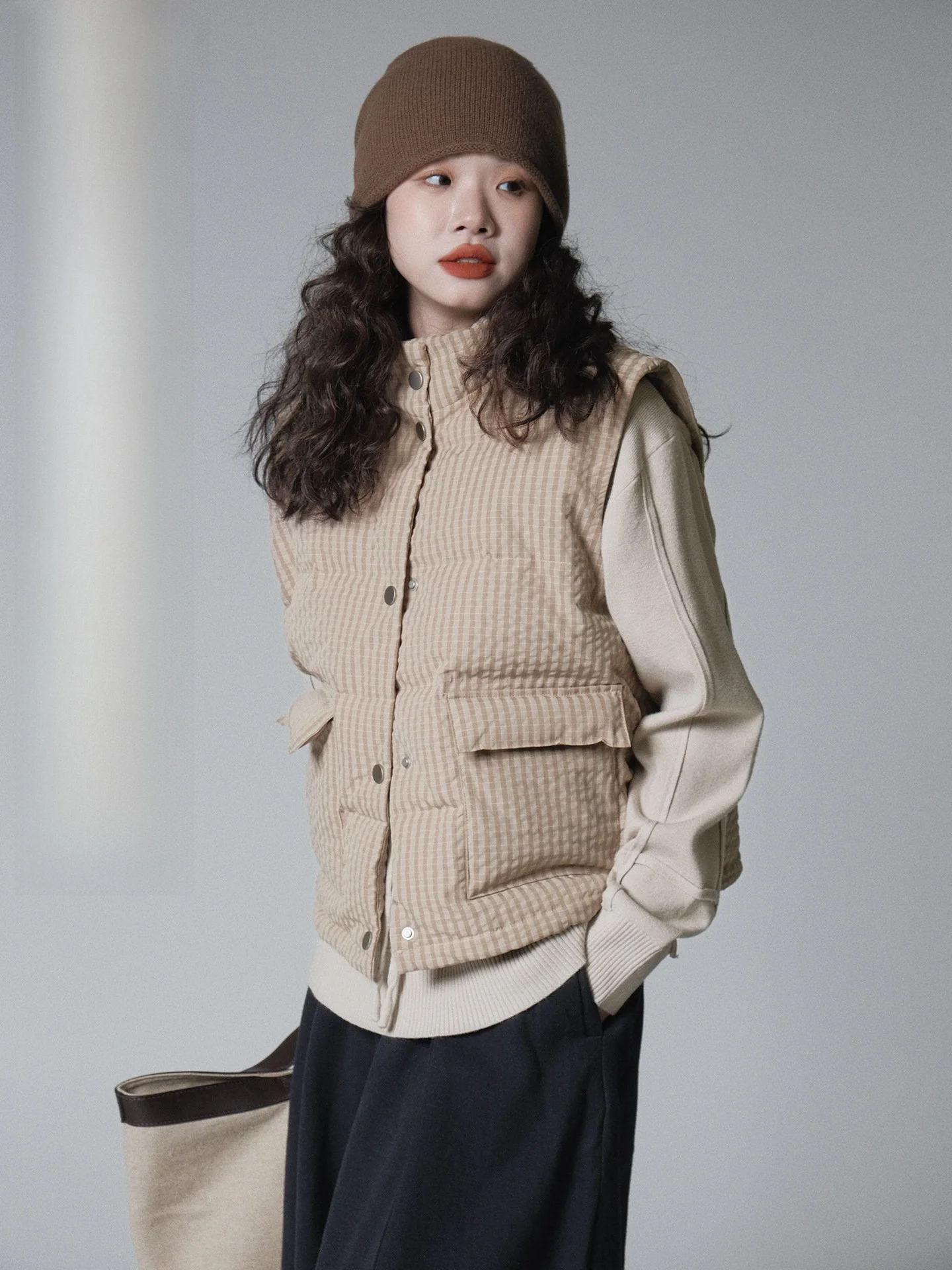 

Ivy Yang Casual Plaid Cotton Vest Jaet Stand Collar Svel Polyester Fabric Women's Outerwear Winter New Sle