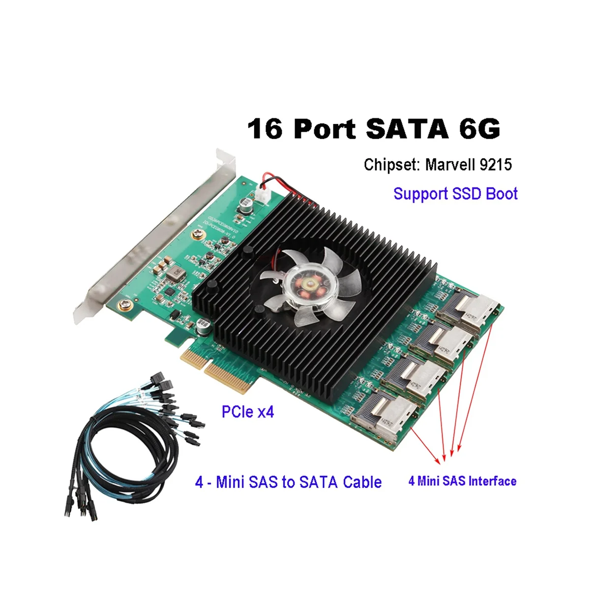 16 Ports SATA 6G PCI Express X4 Controller Card Marvell 88SE9215 Chipset PCIe SATA III 3.0 with Mini SAS to 4 Sata Cable