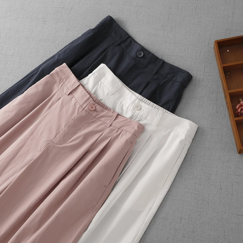 新しい女性のナインフットワイドレッグパンツ夏薄い通勤ハイウエストルーズカフ付きストレートカジュアルピュアカラー多用途