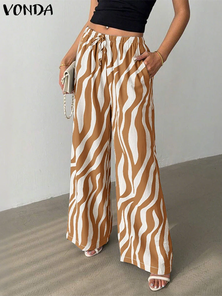 VONDA Pantaloni a gamba larga da donna Pantaloni stampati a righe moda Pantaloni lunghi larghi casual 2025 Pantaloni estivi femminili in vita elastica