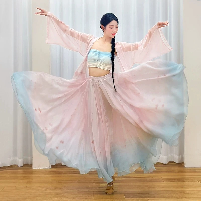 Pink Blue Gradient Chiffon Classical Dance Set 720° Big Swing Skirt Women Chinese Folk Dance Training Performance Costume