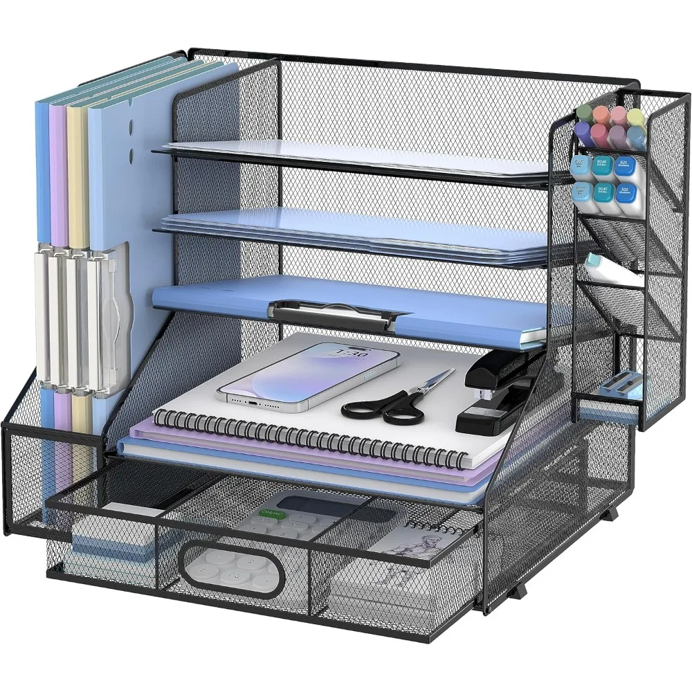 Desk Organizer with File Holder, 5-Tier Mesh Paper Letter Tray Organizer with Pen Holder and Drawer,
