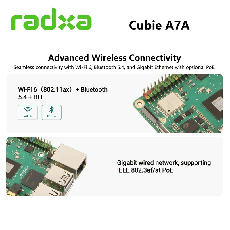 Radxa Cubie A7A Single Board Computer Allwinner A733 Soc Optioneel LPDDR5 RAM 3TOPS NPU Ondersteuning NVMe SSD en POE WiFi 6/BT 5.4