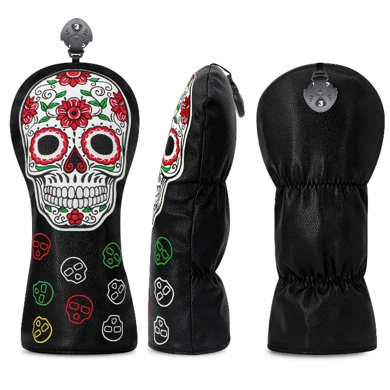 Golf Club Protective Cover - Black PU Material, White Skull and Red Flower Pattern, Multi Color Denomination and Eye Design image 4