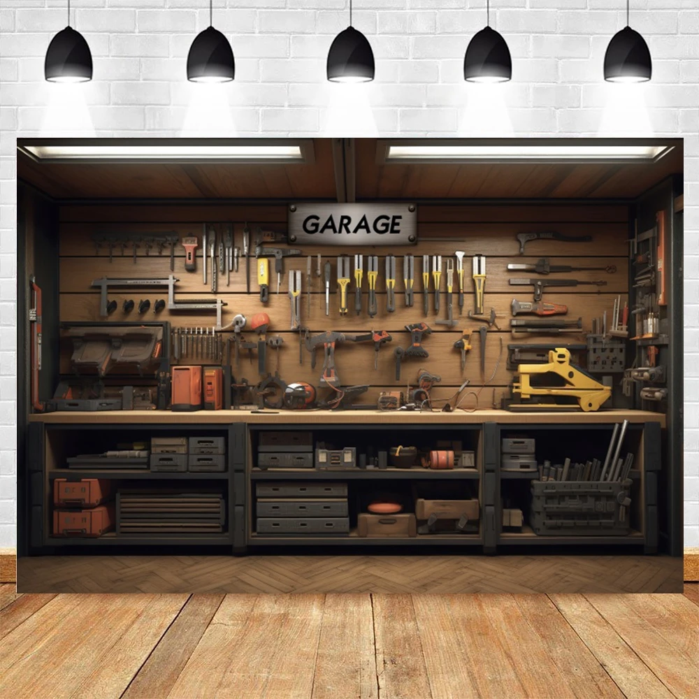 Vintage Garage Backdrop for Photography Car Repair Tools Wood Wall Workshop Warehouse Background Mechanic Party Decor Props