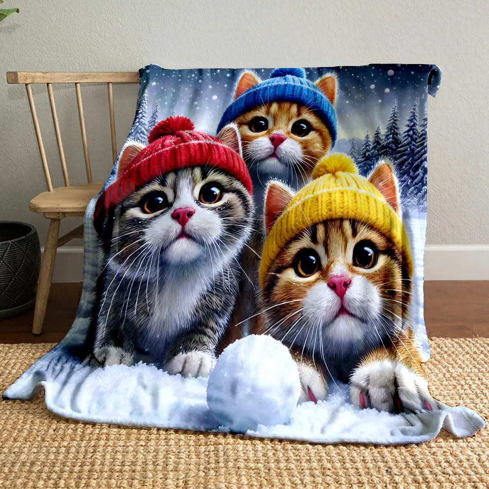 Multi-Sizes Three Funny Kittens Printing Adult Children Warm Blankets Home Travel Car Soft and Comfortable Luxury Gifts