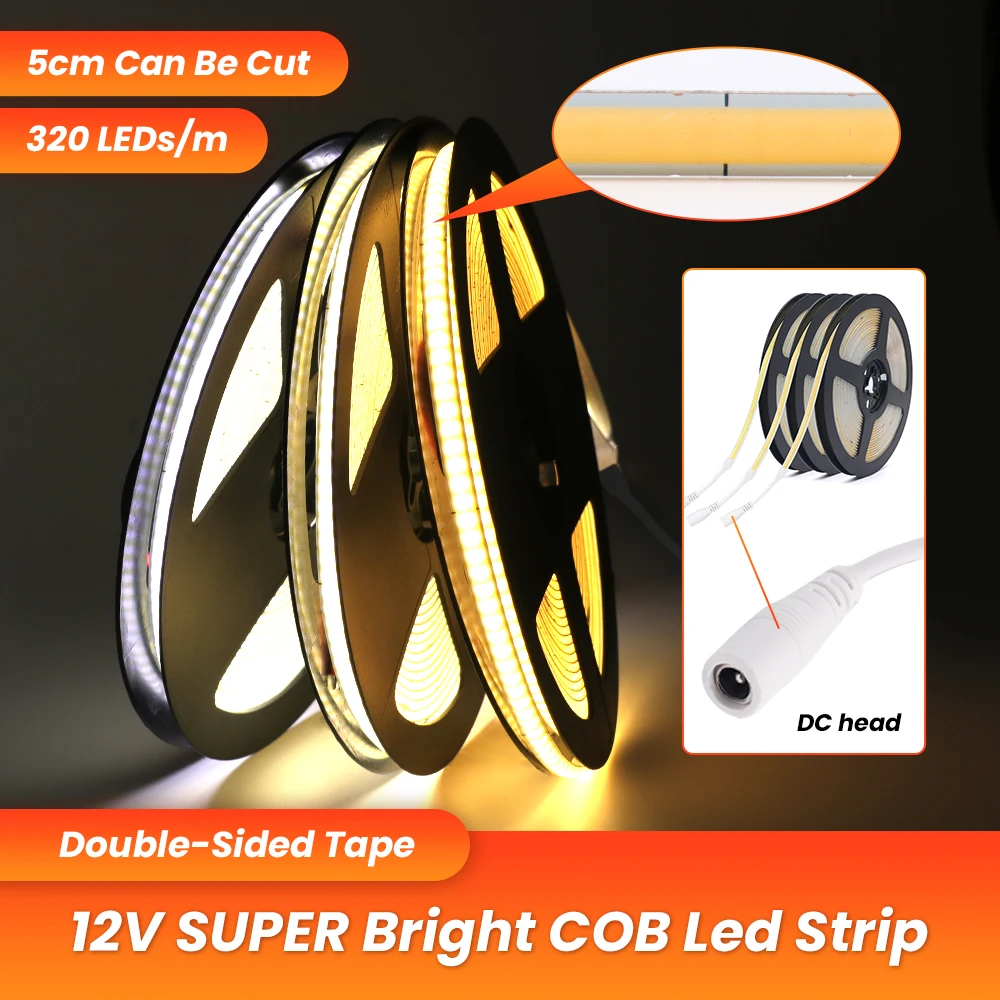 선형 PCB 5mm COB 스트립, 유연한 리본 로프, 고밀도 FOB LED 스트립 조명, TV 배경 조명, DC 12V 320LEDs/m RA90