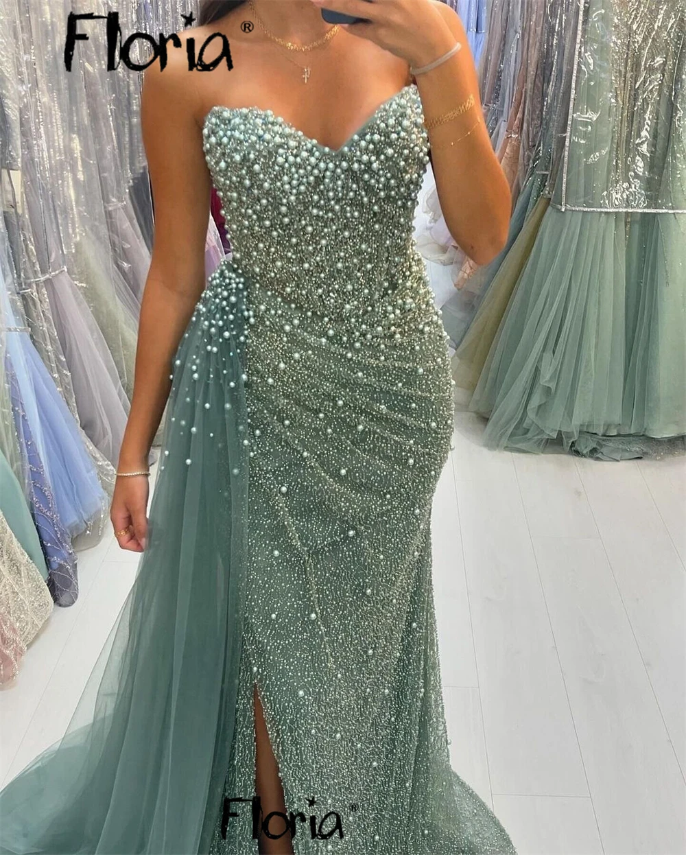 Robe de Luxe Personnalisée avec Perles pour Femme, Tenue de Célébrité, ixde Mariage, Fente Haute, 2025