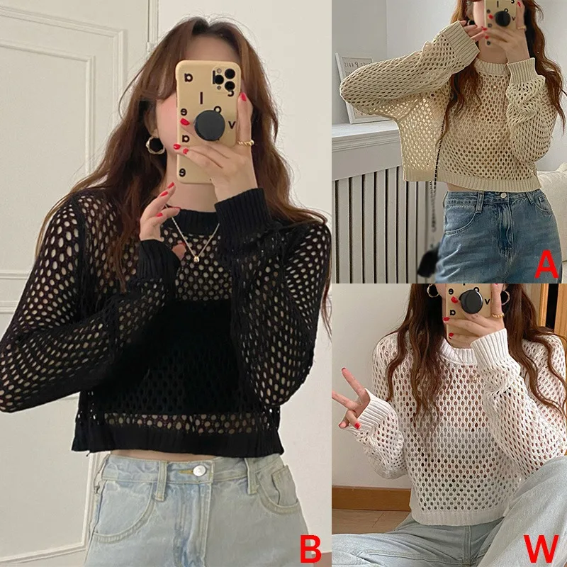 Thin Long Sleeved Sun Protection Knitted Sweater For Summer Women\'s Hollowed Out Top With Breathable Suspender And Short Top