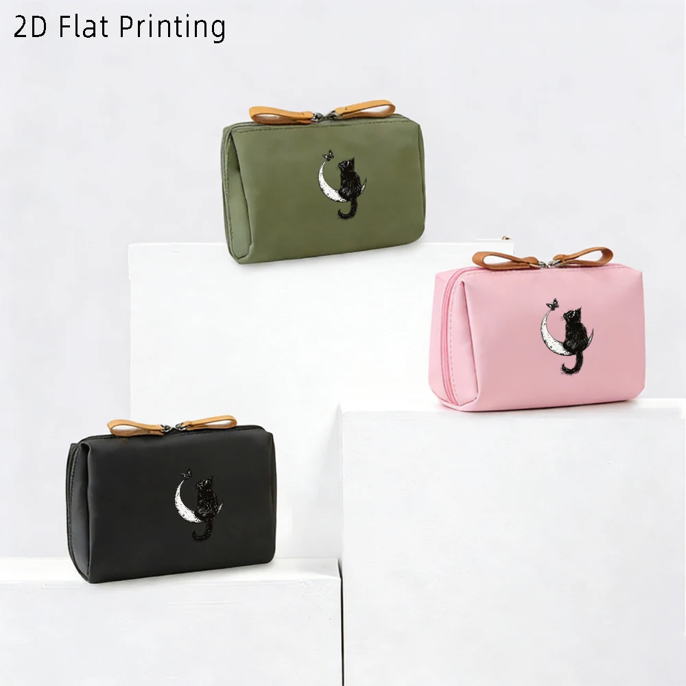 1PC Black Cat Moon Butterfly Print PU Cosmetic Bag, Large Capacity Waterproof Portable Makeup Organizer, Simple Commute Toiletry