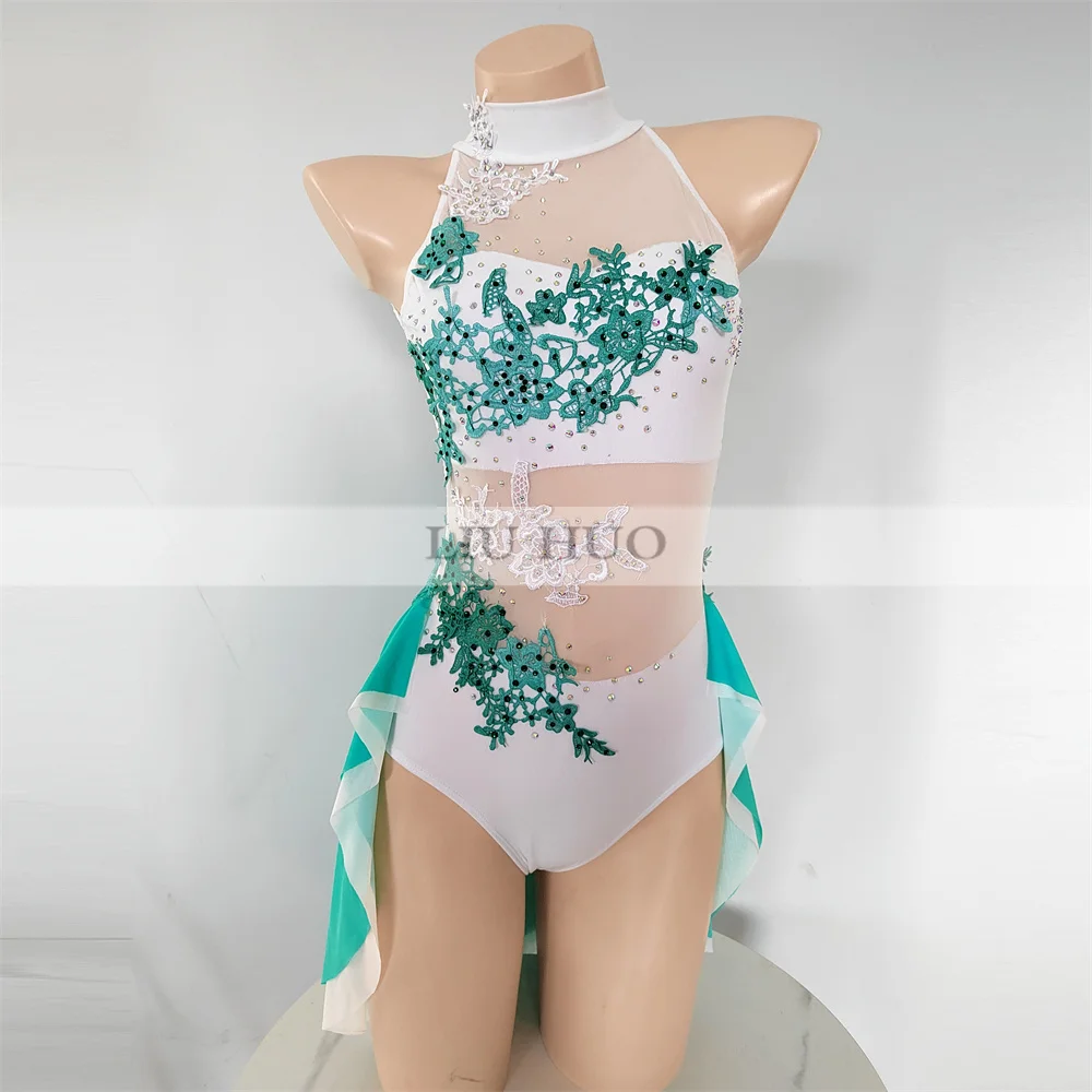 LIUHUO Women Aldult Teen Girl Customize Costume Competition Performance Lyrical Pole Dance Dress Roller Mesh Rhinestone Green