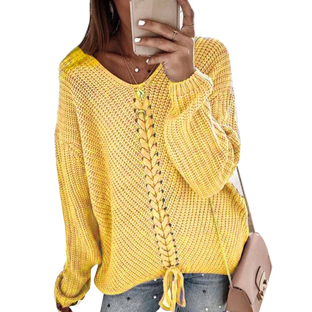 Herfst En Winter V-Hals Soild Sweater Dames Nieuwe Casual Losse Lange Mouwen Stiksels Mode Dames Kant Gebreide Trui