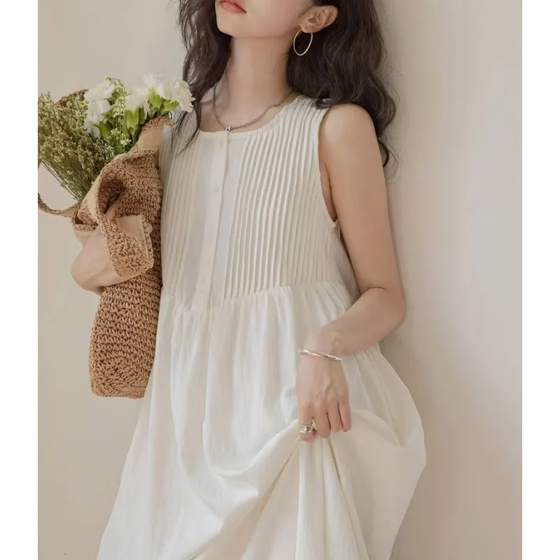 New 2026 High Waist Leisure Round Neck Summer New Style Pure Color Fashion Pleated Commute Women Sleeveless Vest Skirt