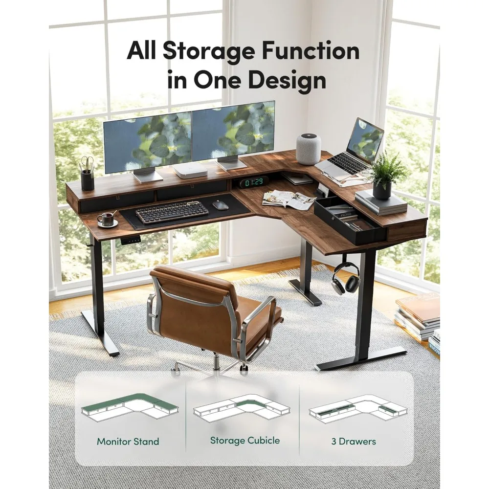 مكتب كهربائي كبير الحجم على شكل 63 × 48 لتر مع أدراج |   سطح ذو وجهين، 2 إعدادات ذاكرة الارتفاع |   أثاث المكاتب المنزلية #4