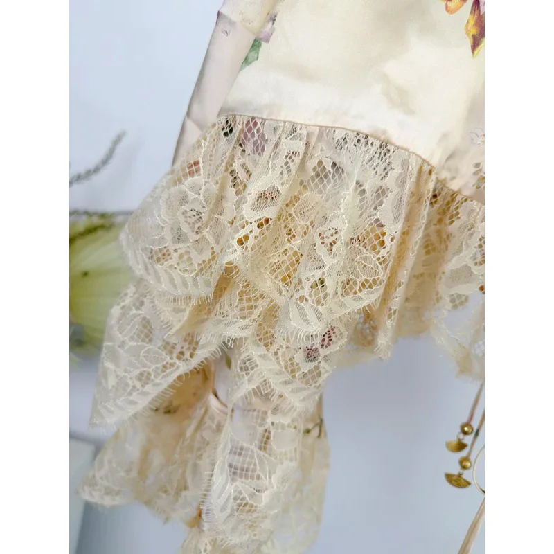 2026 Women's 100% Silk Pants Suit Floral Printed Beaded Lace Patch Flare Sleeve V-Neck Shirt + High Waist Wide Leg Trousers Suit