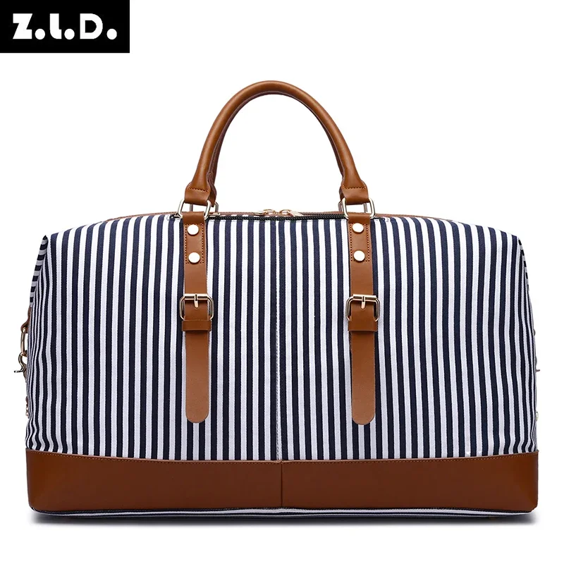 ZUOLUNDUO Women Canvas Travel Bags Striped Travel Tote Large capacity Carry On Luggage Handbags Canvas Handbag Woman Travel bags