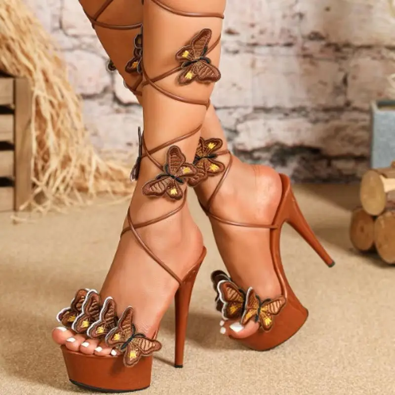 

Summer Sandals Women Patent Leather Butterfly Wrap Around Lace Up 15cm Stiletto High Heels Party Nightclub Stripper Pumps Shoes