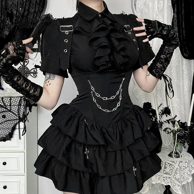 [You're My Secret] Vestidos góticos retrô femininos, preto, babado, em camadas, bodycon, top slim, y2k, estilo japonês, vestido 2025
