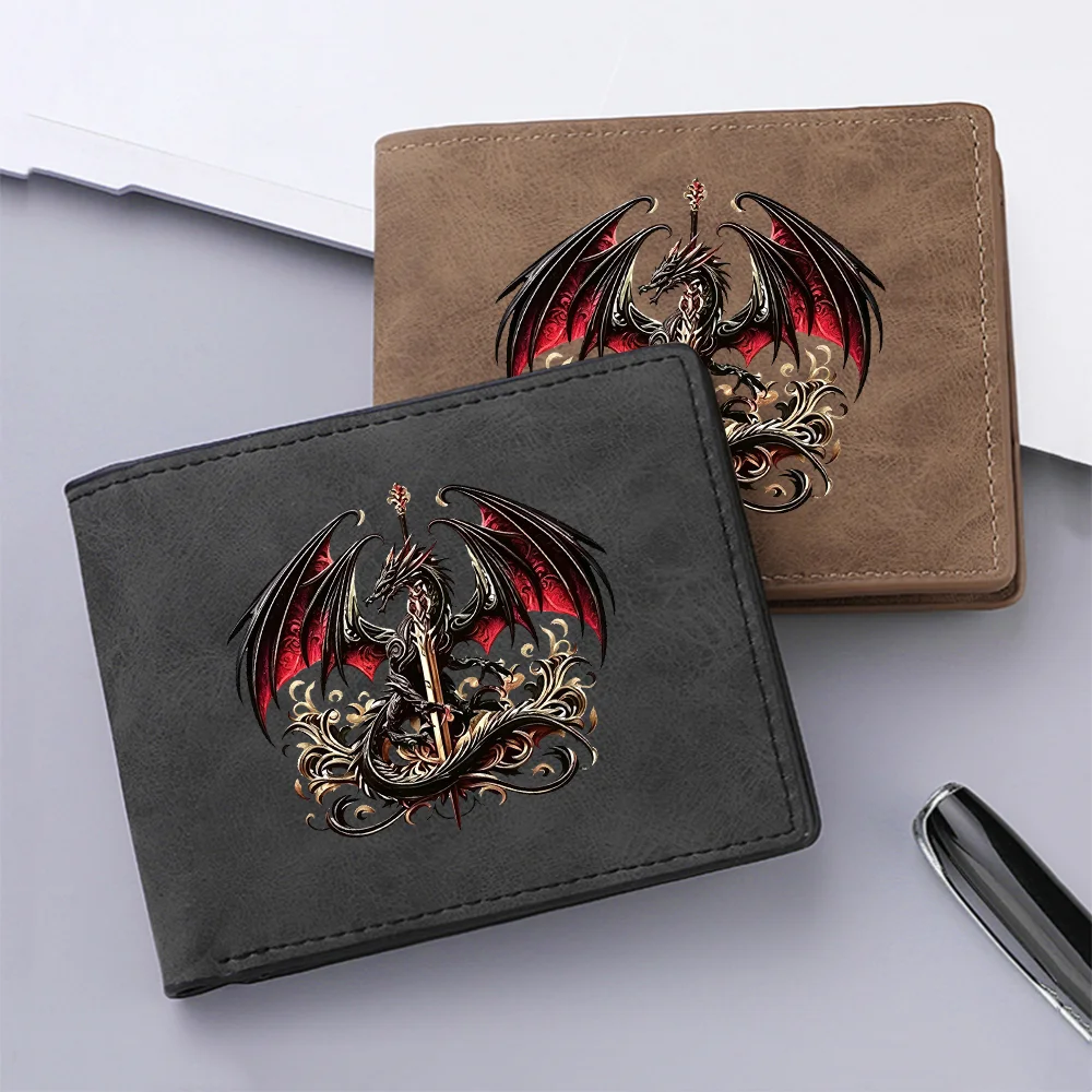 Men's Fashionable PU Leather Double-Fold Wallet with Red Dragon Pattern Sword-Shaped Short Bag Credit Card Holder Universal Scen